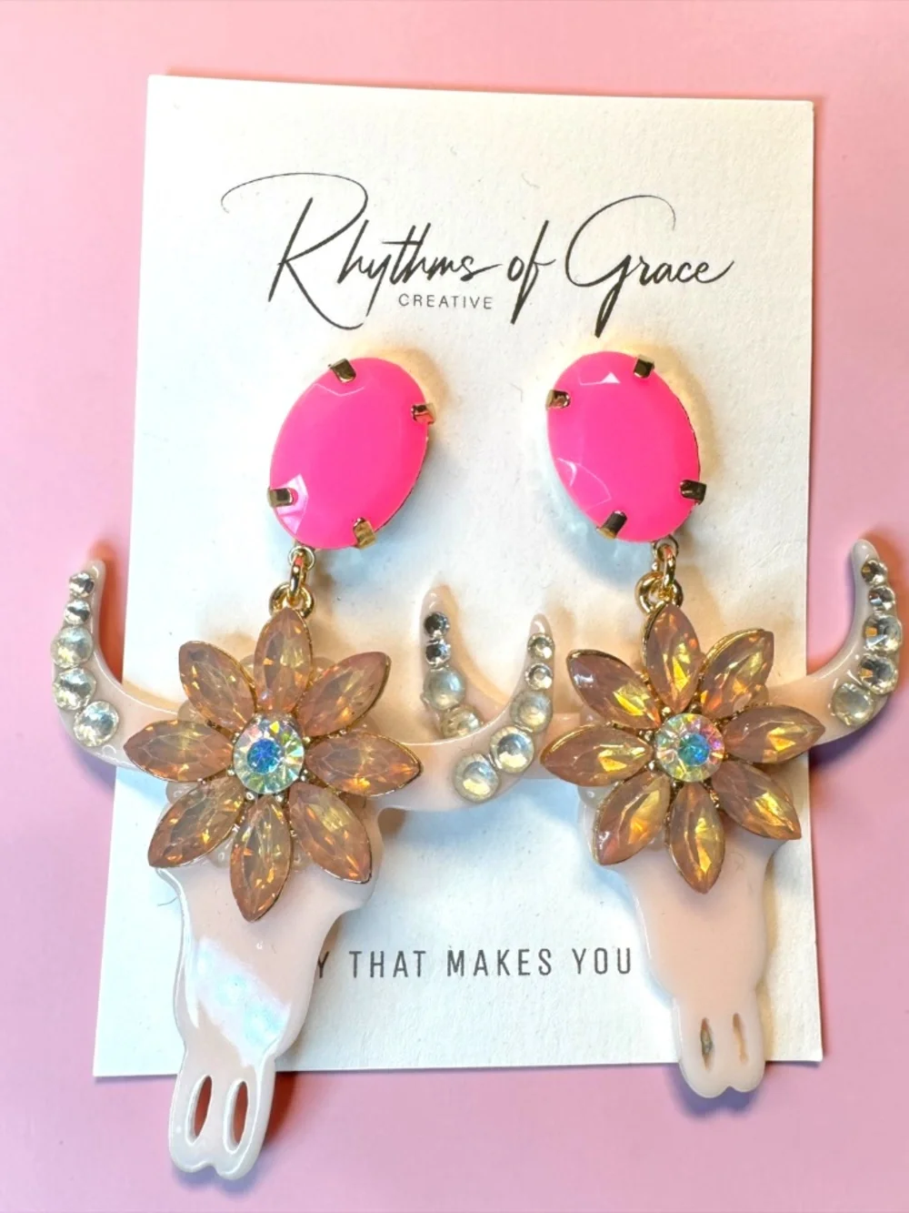 Western Cow Skull Rhinestone Floral Statement Earrings Pink NWT